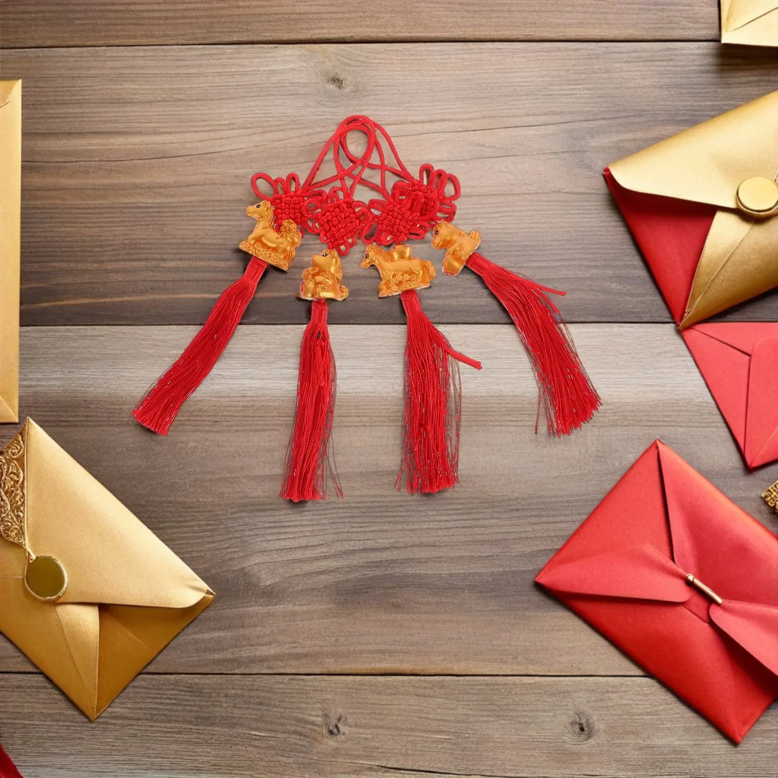 

4Pcs Lunar New Year Horse Pendant Bonsai Hanging Ornament Red Chinese Knot Tassel Good Luck Decor Spring Festival Party