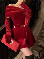 Dresses for Women 2024 Spring Autumn Red Velvet Diamond Decorations Off-Shoulder Detachable Fur Collar Dress with Gloves