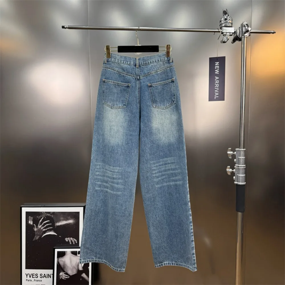 High Street Jeans Pants Women's Handmade Metal Buckle Decoration Mid Waist Wide Leg Straight Tube Blue Washed Denim Long Pants