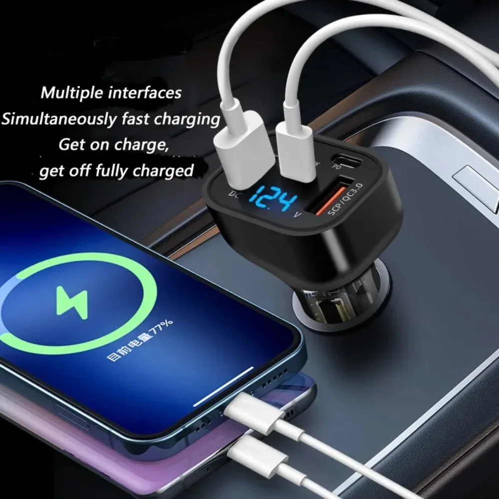 6 in 1 PD 30W Car Charger Digital Voltage Display Multi Port Fast Charging Universal Car Phone Adapter For iPhone Samsung