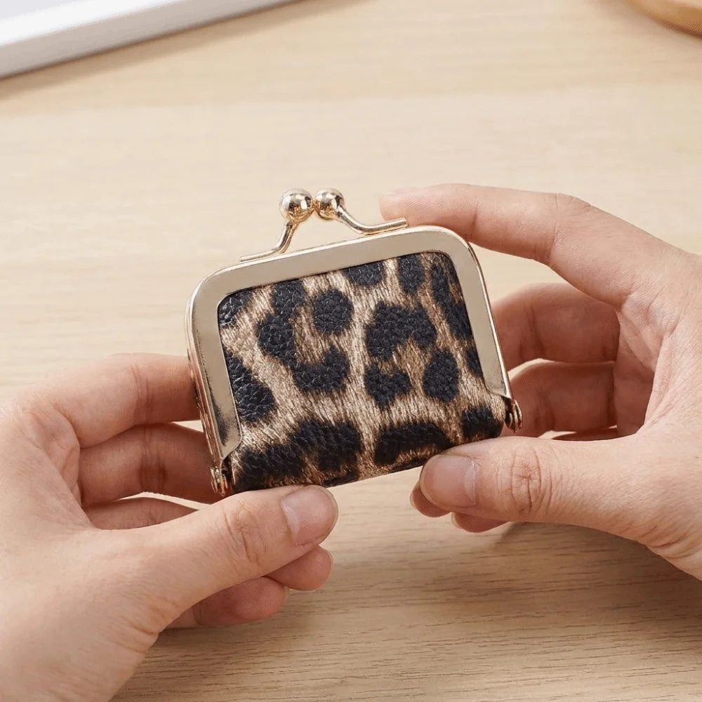 Simple Leopard Print Kiss Lock Coin Purse PU Leather Square Leather Jewelry Bag Mini Multifunctional Small Item Bag Ring