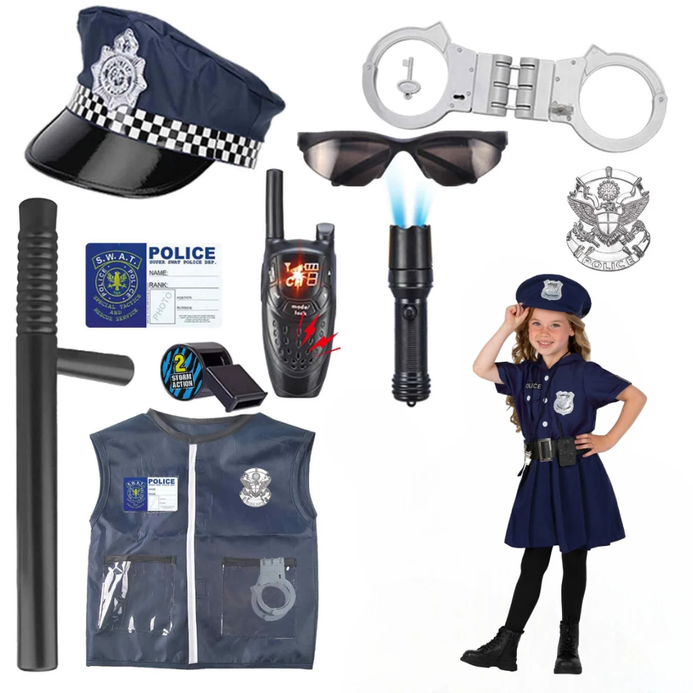 WizKidz Police Officer Costume For Kids Includes Baton Badge Handcuffs Vest Toy Gun SWAT Role Play Set Perfect For Kids Gifts