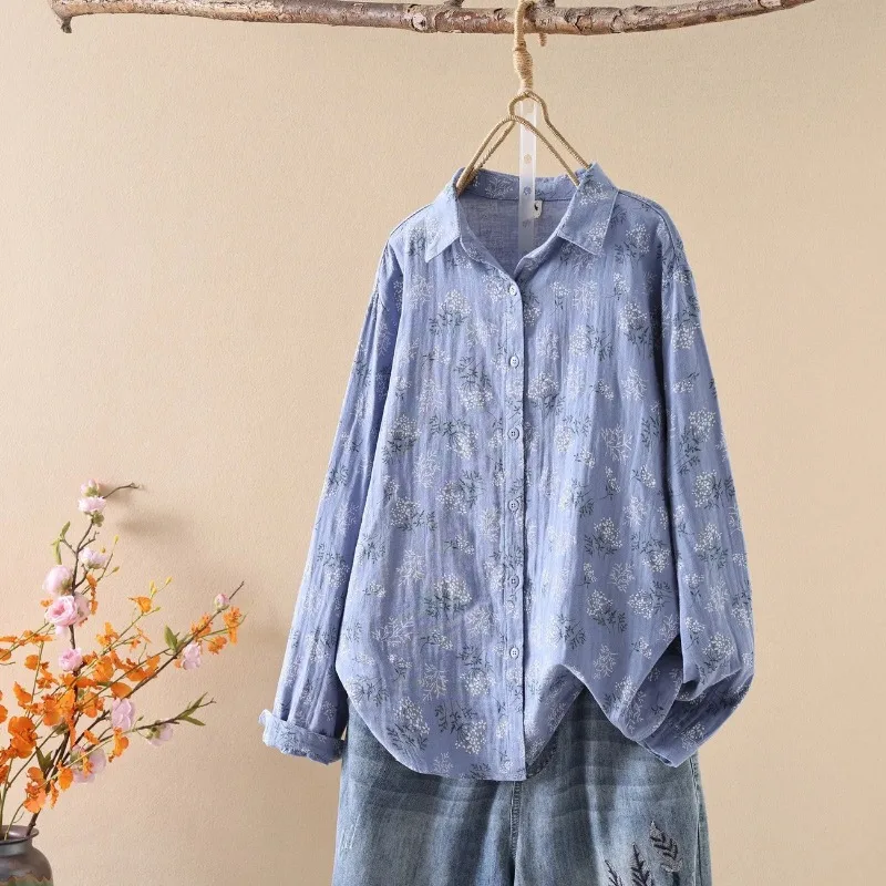 

Women's Casual Lapel Linen Shirt Ditsy Floral Print Long Sleeve Button Down Blouse