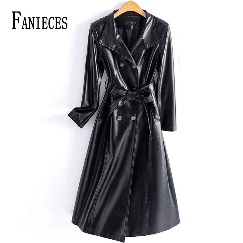 FANIECES Winter Imitation Sheepskin Long Trench Coat For Women Fashion Double-breasted Stand Collar PU Leather Jacket 가죽자켓 пальт