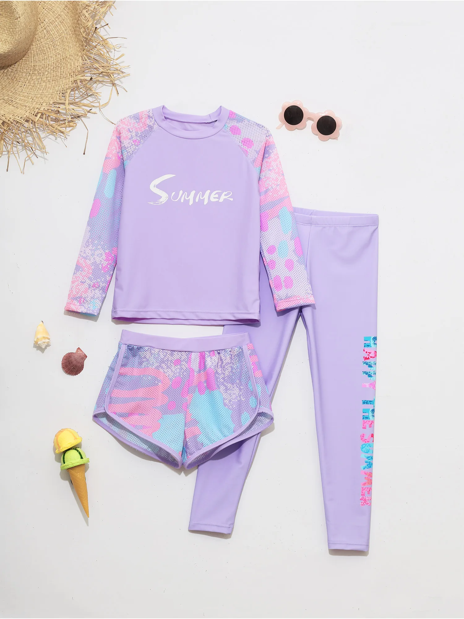 Boys Girls Swimwear 3 Piece Swim Suits Sun Protective Long Sleeve Rash Guard Swimming Shirt+Shorts+Pants Surfing Bathing Suit