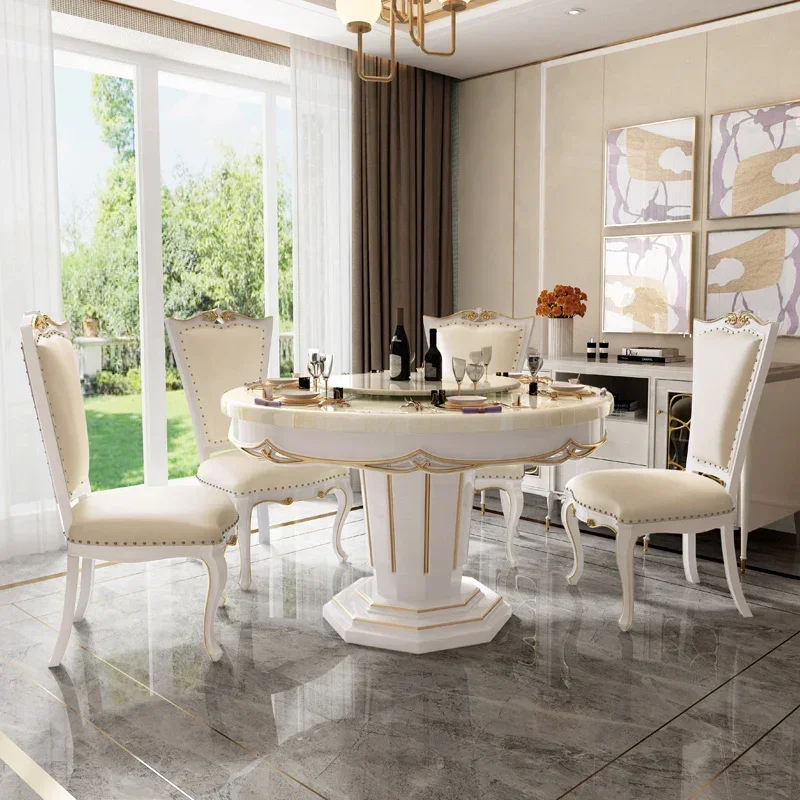

American light luxury marble dining table simple European solid wood round dining table chair combination dining table with turn