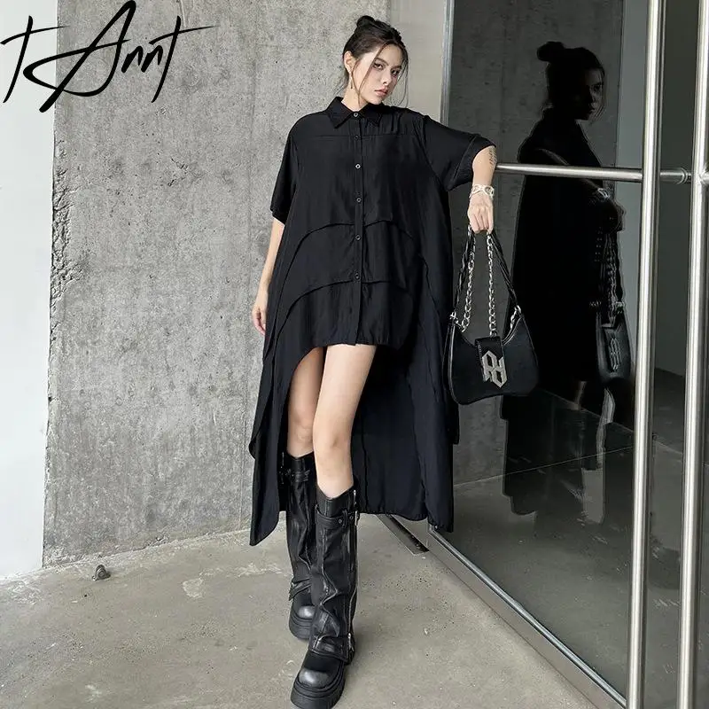 

Tannt Women Dress 2025 New Short Sleeves Asymmetric Shirt Dresses Black Irregular Fashion Casual Long Shirt Dresses For Women