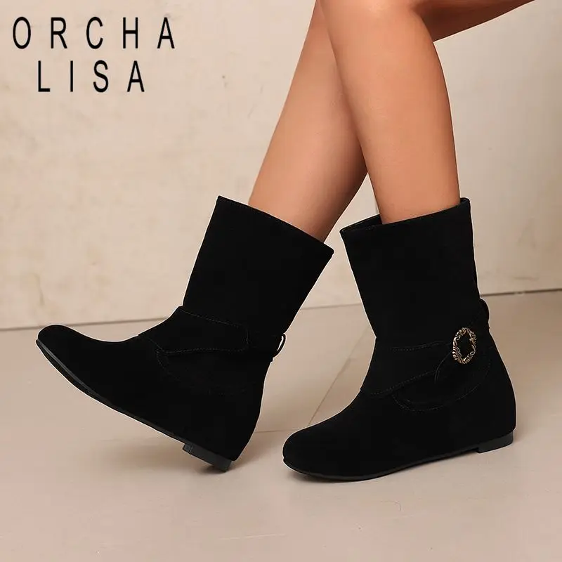 

ORCHA LISAFashion Flock Suede Women Mid Calf Boots Round Toe Increased Heel Slip On Belt Buckle Large Size 41 42 43 Beige
