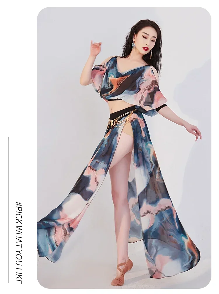 Traje de danza del vientre para mujer, Top estampado de manga corta, falda dividida, conjunto de ropa de práctica, ropa de actuación elegante para verano 2023