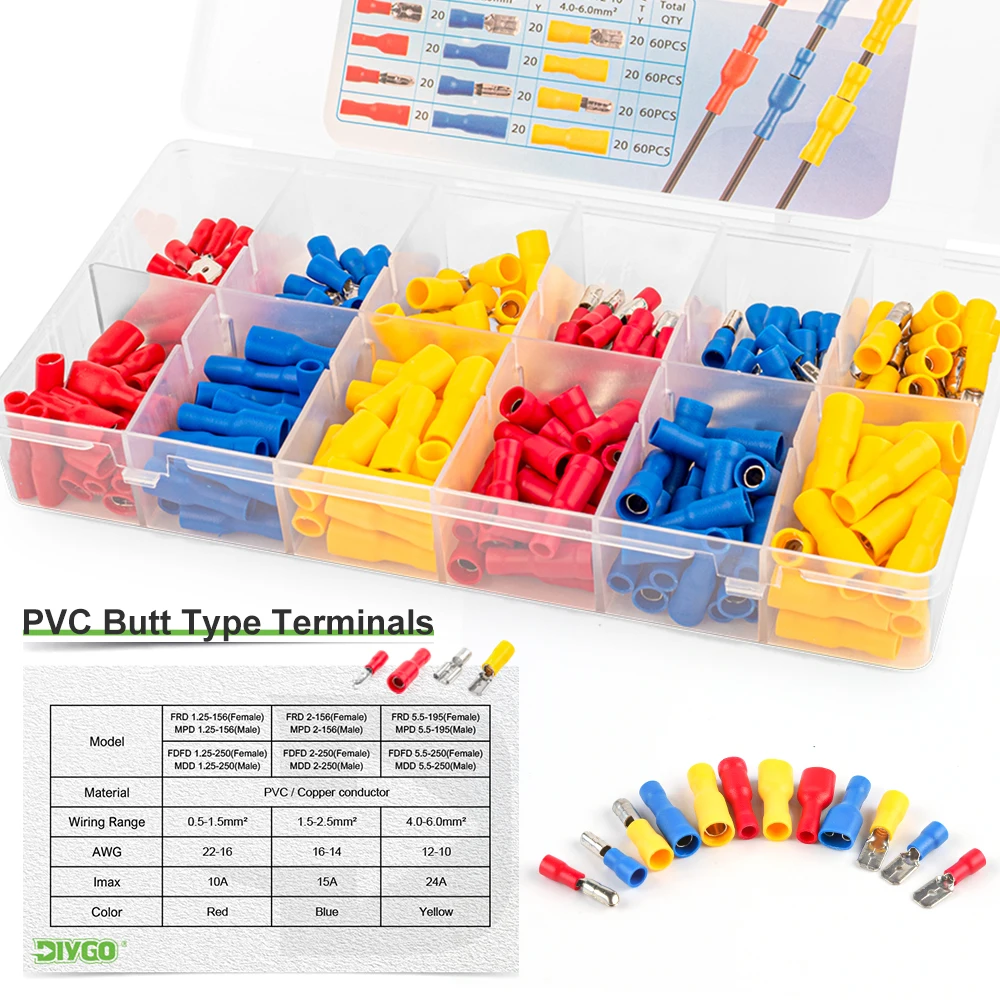 

240PCS Box FDD/MDD Insulated Cable Connector Electrical Wire Crimp Female Male Spade Type Butt Terminals Assorted Kit Cable Plug