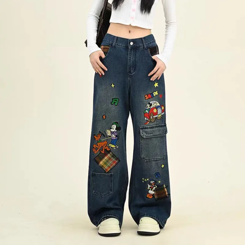 Disney Mickey American Style Fun Cartoon Embroidered Jeans Men Women Couples Loose Straight Leg Pants Trendy Casual Denim Pants