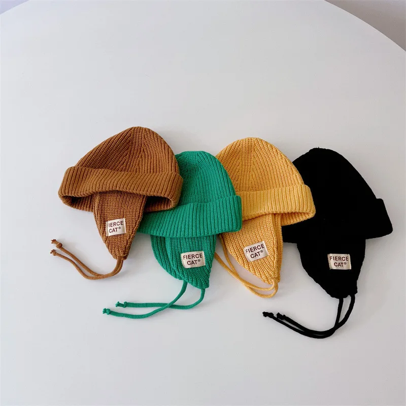 Autumn Winter Baby Earmuffs Warm Beanies Fashion Newborn Girl Windproof Knitted Cap Boy Infant Solid Coldproof Patch Letter Hat