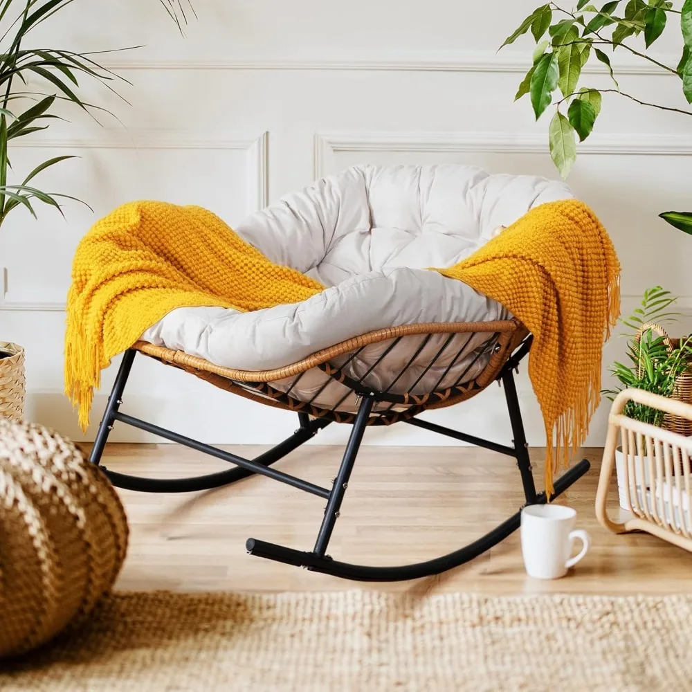 

Oversized Rocking Chair Indoor Outdoor Use, Patio Papasan Rocking Chair, Lounge Chair with Cushion, Egg Rocker Chairs, Comfy Rea
