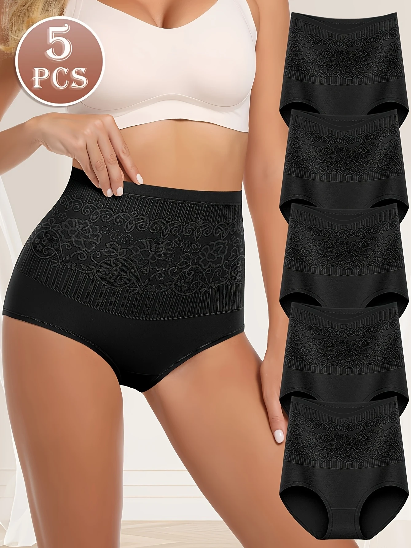

5 шт. женские трусы с высокой талией для контроля живота — элегантный цветочный узор, смесь черной вискозы, не проходит, только для ручной стирки,