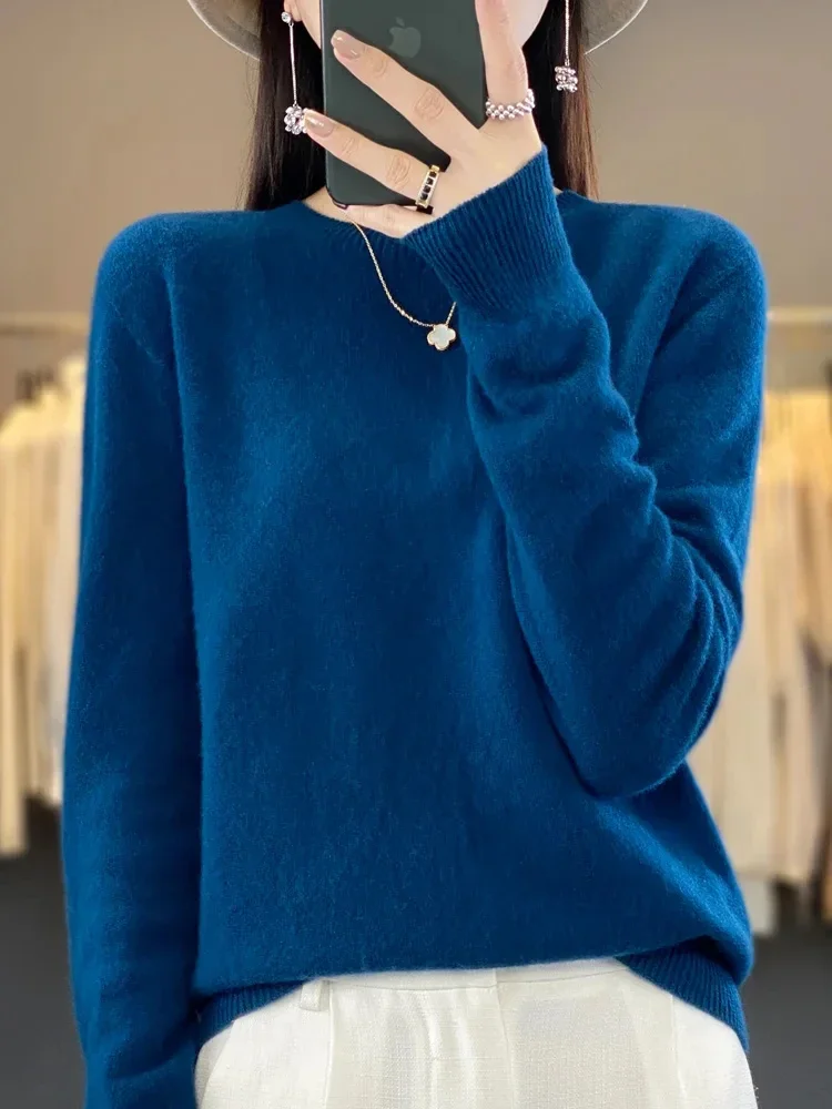 

Long Sleeve Women Sweater O-neck Pullover Autumn Winter 100% Merino Wool Basic Solid Knitwear Feamle Clothing Bottom Shirt Tops