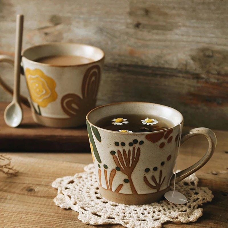 375ml Ceramic Coffee Mug Tea Cup Flower Plant Porcelain Coffee Cups Milk Tea Mug Retro Pottery Handmade Cup for Coffee Drinkware