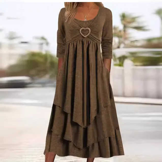 Elegant Multi Layers Splicing Cake Hem Dress Office Women Autumn High Waist Long Sleeve Dressy Female Love Heart Ruffles Dress