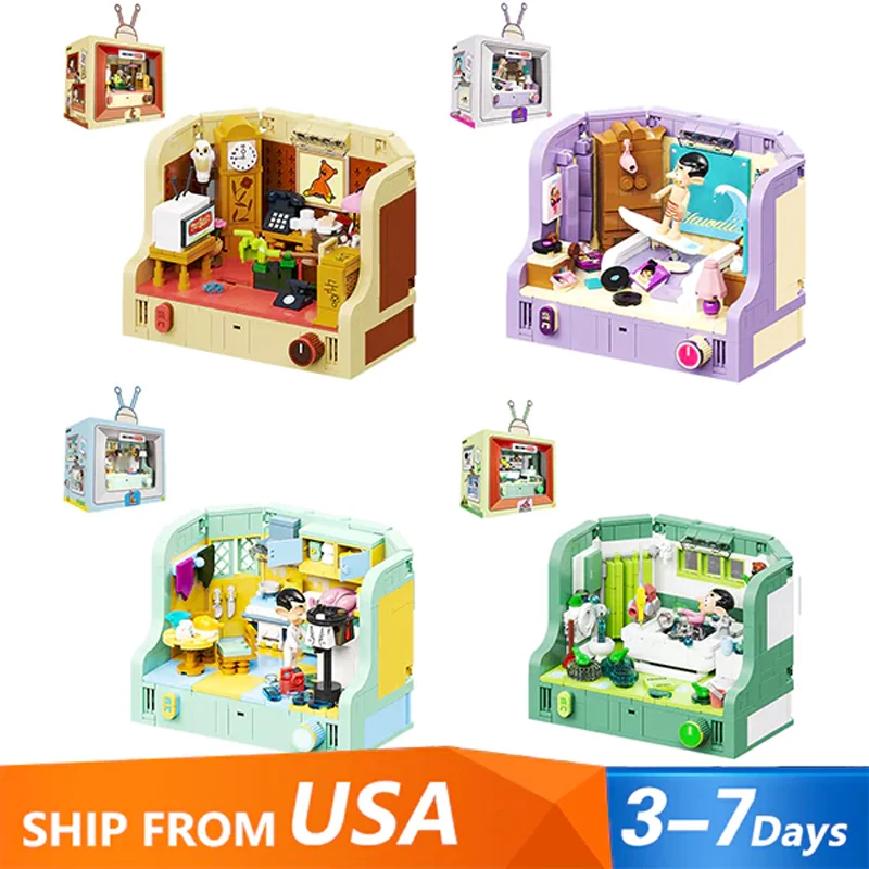 Anime Mr.Bean House Scene Series Building Block Creativity Classic Houses Model Bricks Decoration Puzzle Toy For Kids Gifts