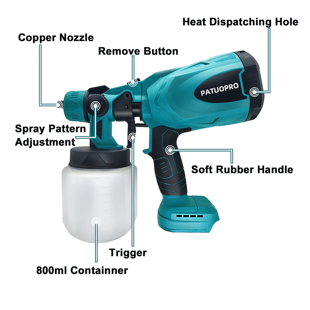 800ML Electric Spray Gun Cordless Handheld Paint Sprayer Auto Furniture Wall Coating Airbrush Fit Makita 18V Battery(No Battery)