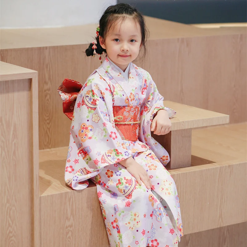 Japanese Girl Traditional Kimono With Girdle Children Cute Flower Pattern Traditional Kimono Set Flower Pattern Kimono Set LC992