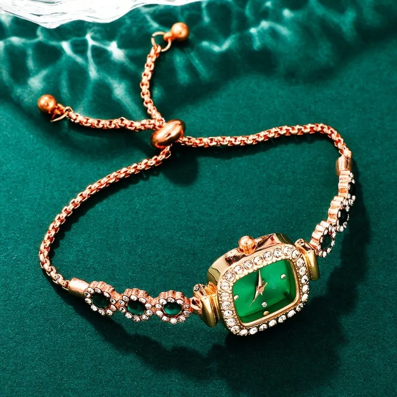 

5 шт., винтажный золотой браслет, набор часов для женщин, роскошные женские кварцевые наручные часы с зелеными бриллиантами, подарки