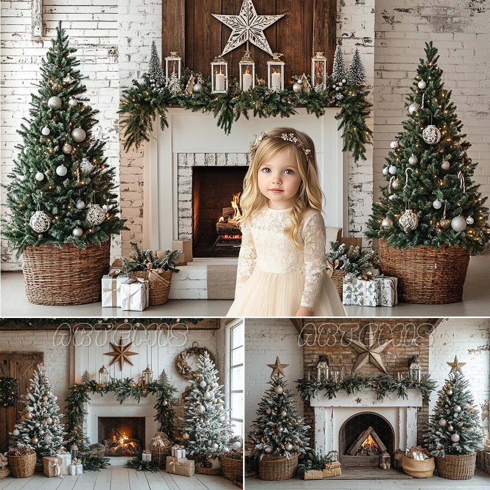 Christmas Photography Backdrop Brick Wall Wooden Barn Door Garland Wicker Basket Ribbon Decor Background Photo Studio Photocall