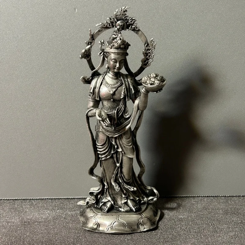 

Китайская коллекция, антикварный бронзовый сплав, посеребренные женские статуи бодхисаттвы, винтажный орнамент ручной работы