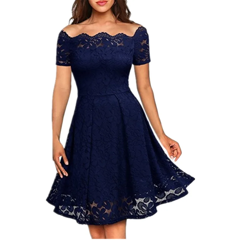 

Summer Women's Elegance Sexy Lace Off Shoulder Dress Fashion Vintage Short Sleeve Large Swing Skirt