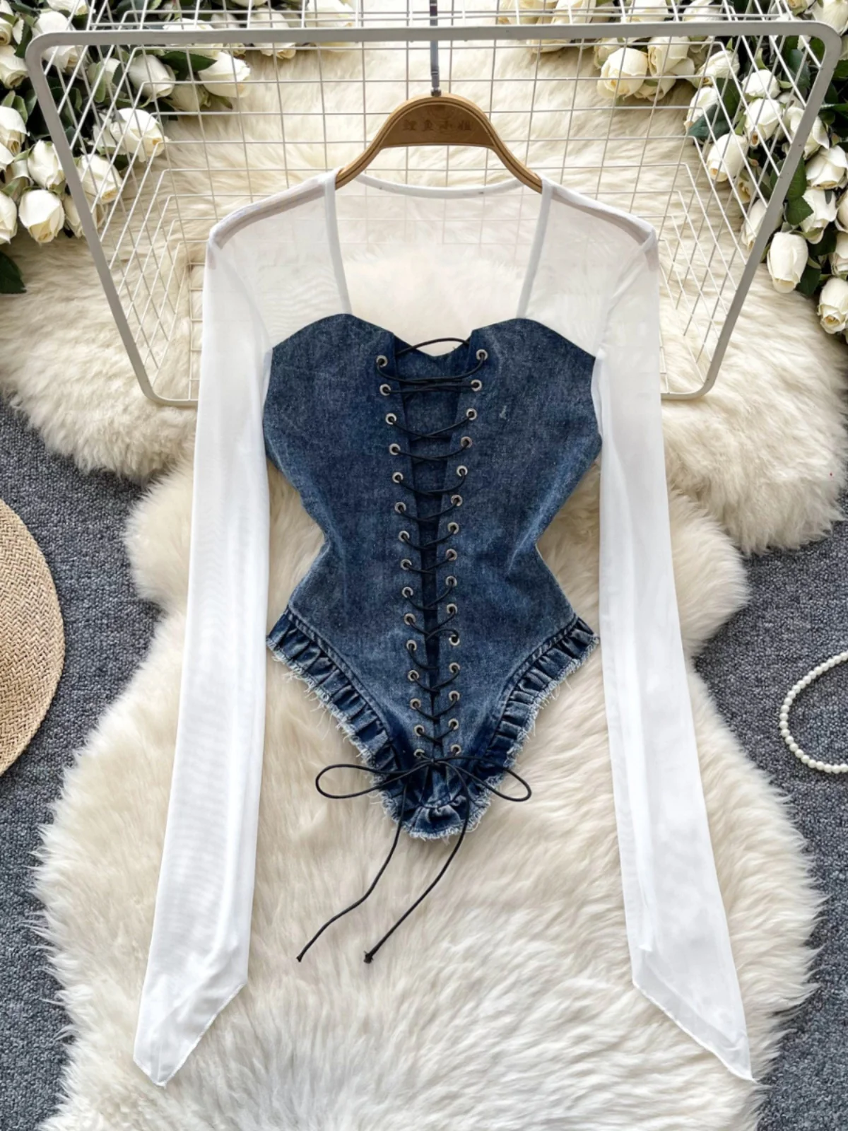 2025 New Spring Square Collar Long Sleeve T-Shirt Gossamer Denim Spliced Lace-up Bandage Waist Slim Irregular Short T-Shirt Tops