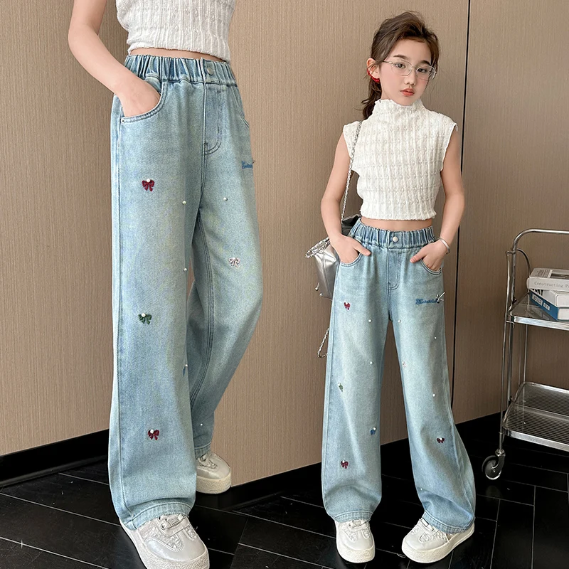 teen girls Embroidered bow nail bead jeans Streetwear Kids Child y2k Hip-hop High Waist Straight Loose Denim Pants Trousers 4-14