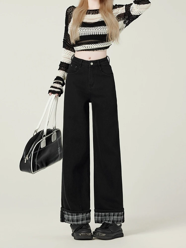 

Джинсы женские больших размеров в американском стиле, в клетку, с широкими штанинами, повседневные, с высокой талией, прямого кроя, свободные, из денима, для полных девушек