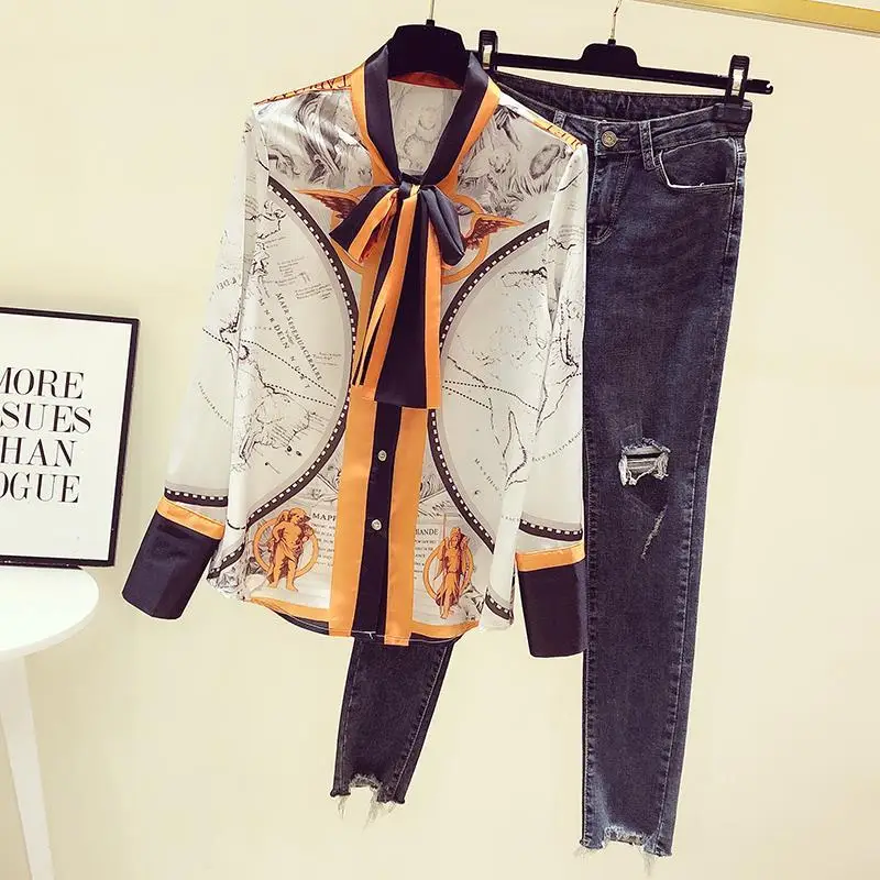 Spring Autumn New Scarf Collar Fashion Long Sleeve Shirt Women High Street Casual Button Patchwork Cardigan Printing Bow Tops