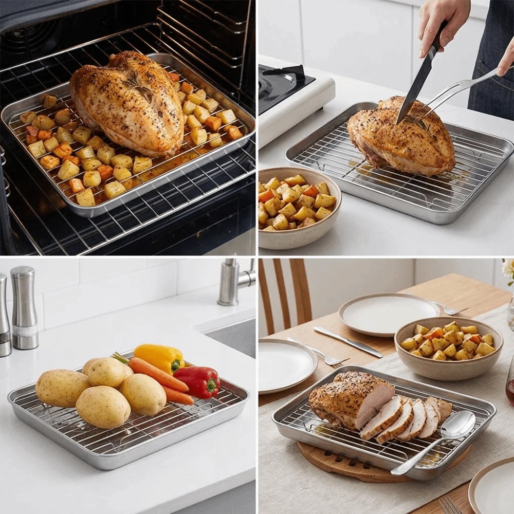 

304 Rustless Steel Square Plate Thickened With Mesh Rack BBQ Tray Polished Corrosion Resistant Steamed Rice Plate