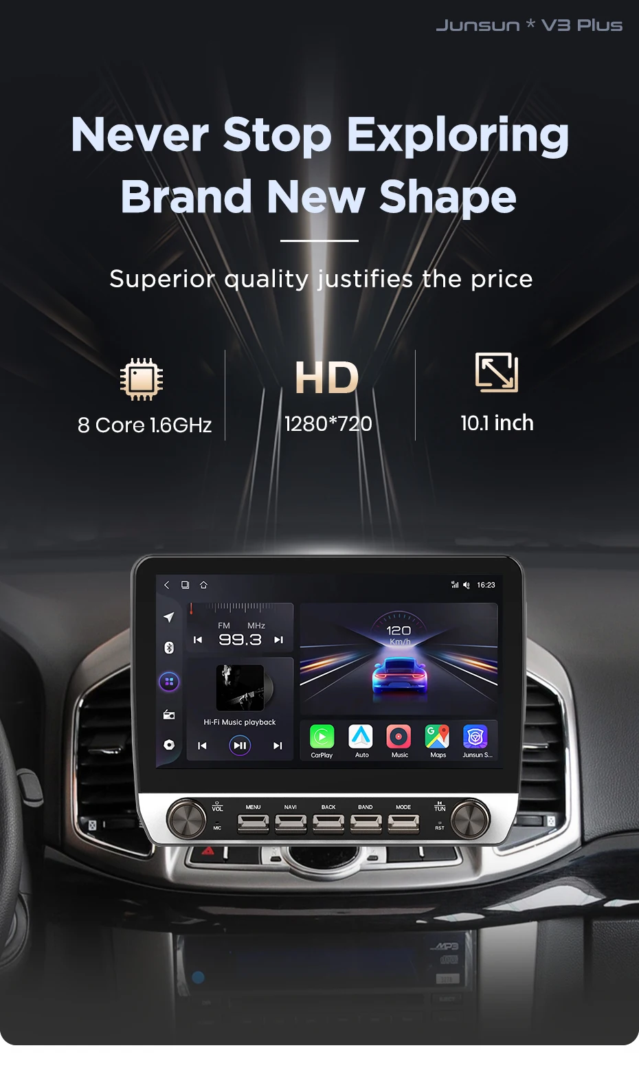 Junsun 10,1' Kabelloses CarPlay Android Auto Autoradio für Chevrolet Captiva 2011-2016 Radio mit Tasten Bluetooth GPS Navi 4G DSP – Detail 3
