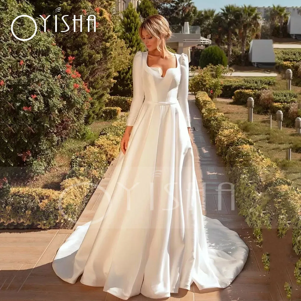 Oyisha moderno cetim jardim vestidos de casamento retrato manga longa vestidos de noiva oco voltar babados trem robe de soirée de mariage