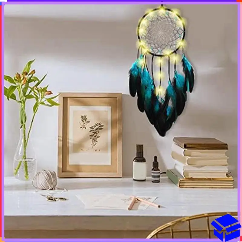 

Надежный 1 комплект «Ловец снов», голубое дерево с перьями и светодиодной лампой, традиционная круглая сетка индейцев ручной работы для подвешивания на стене, декабрь