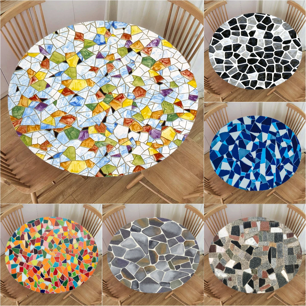 

Colorful Mosaic Background Round Table Cloth Waterproof Stone Print Elastic Edge Table Protector for Kitchen Dining Room Party