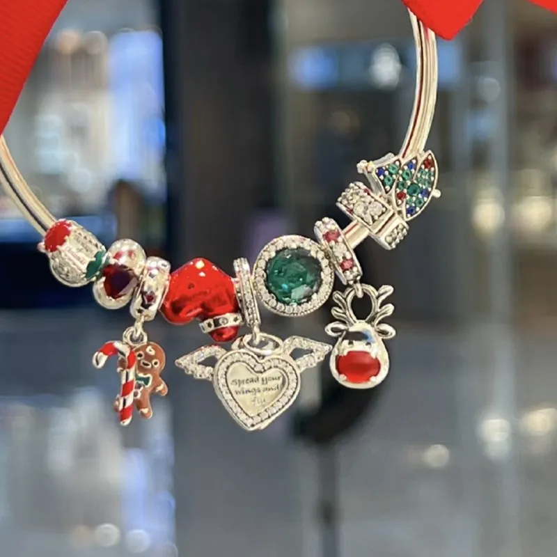 Hot Sale Christmas Red Nose Reindeer Santa Charm Beads DIY Jewely Gift Fit Original 925 Sterling Silver Bangle Necklace