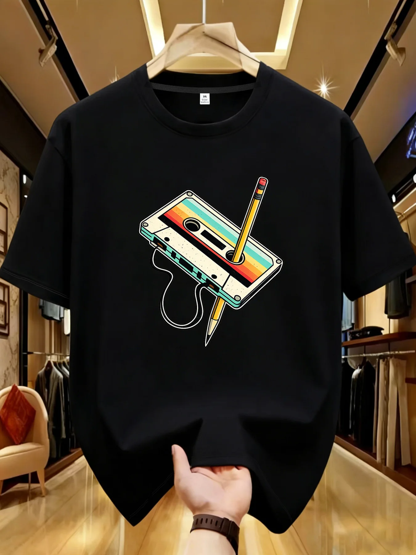 

【YJ00012】Pencil and tape Plus size women's round neck short sleeve T-shirt with elastic half sleeves and trendy prints