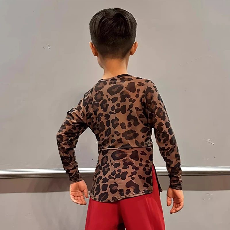 Danskleding Training Oefenkleding Nieuwe Jongens Latin Dance Tops Mesh Lange Mouwen Luipaard T-shirt Kids Cha Cha Rumba