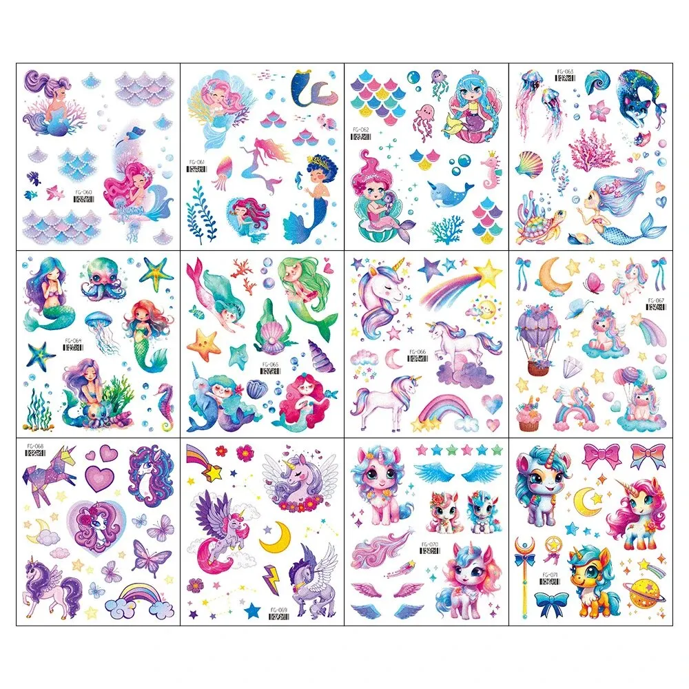 12pcs Glitter Mermaid Unicorn Waterproof Temporary Tattoo Sticker Cartoon Rainbow Flash Tatto For Kids Arm Body Art Fake Tattoos