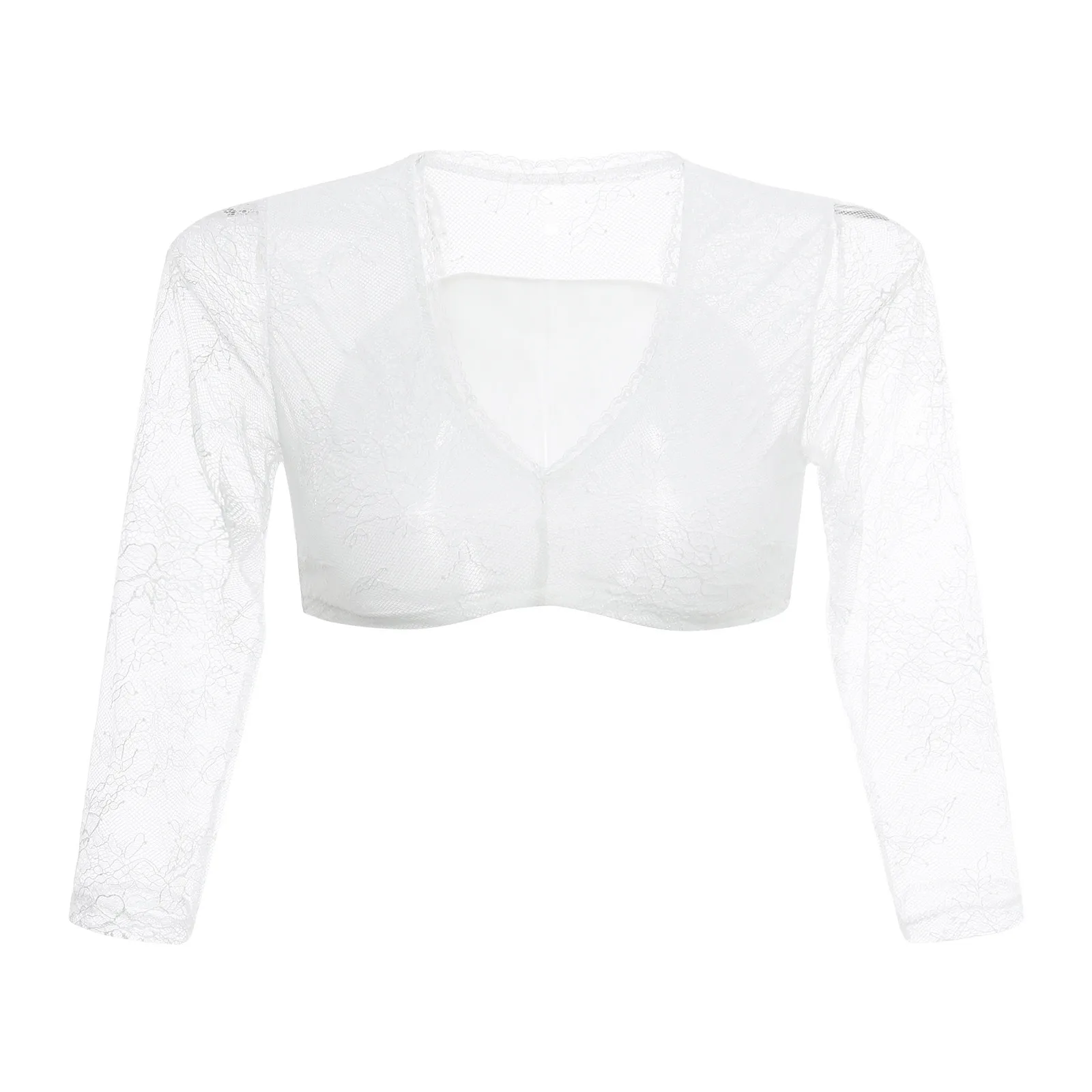 Women\'s Elegant Dirndl Blouses Solid Color Lace Transparent Sexy Tops Deep V Neck Long Sleeve Small Shirt For Oktoberfest