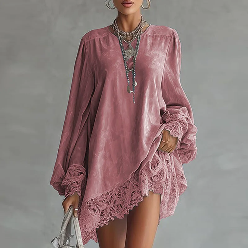 Abito da donna sexy con scollo a V patchwork in pizzo Abito da festa primaverile elegante solido allentato Mini abito autunno manica lunga A-Line Boho Dress Vestidos