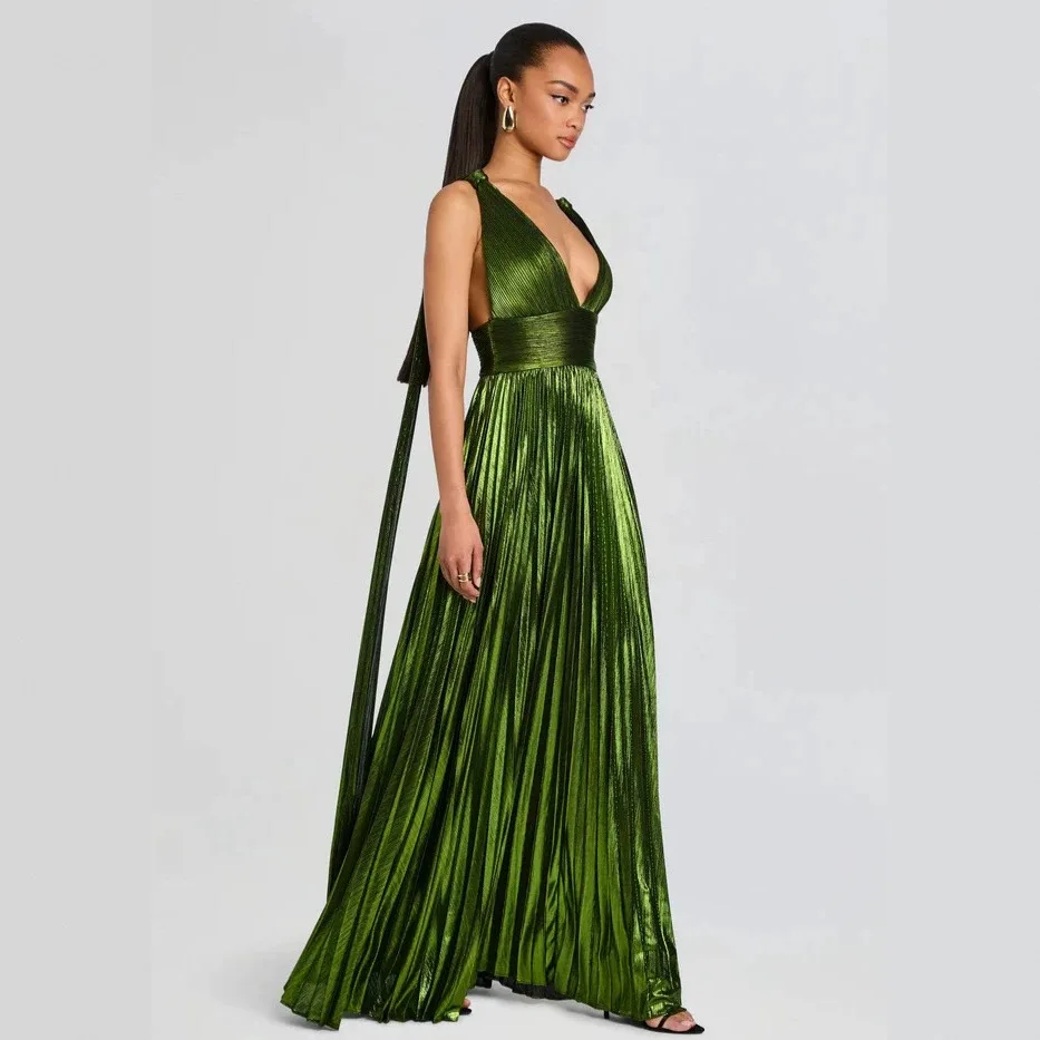 2026 Spring, Summer, Autumn. Collection Pleated V-neck Backless Long Gown. With Wide Hem 96067 Birthday Dress Party Sexy Outfits
