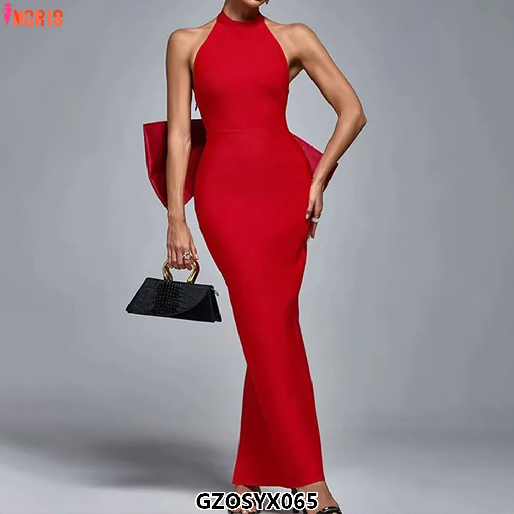 

Summer Fashion Party Club Dresses Halter Sleeveless Bowknot Bandage Sexy Women Midi Dresses-GZOSYX065