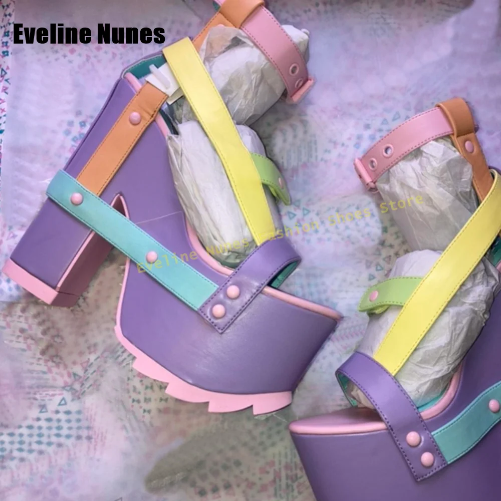 Women's Macaron Color Block Platform Wedge Sandals Multi Buckle Strap Chunky Heels for Y2K Rave Festival Party High Heels Summer