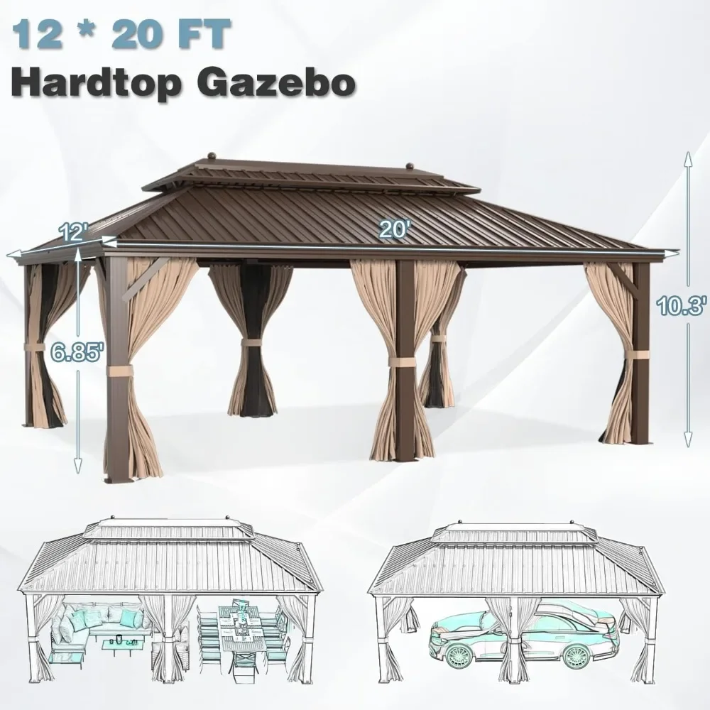 12'x 20 'galvanized steel metal double roof pavilion with curtains and mesh, brown pavilion, aluminum frame 