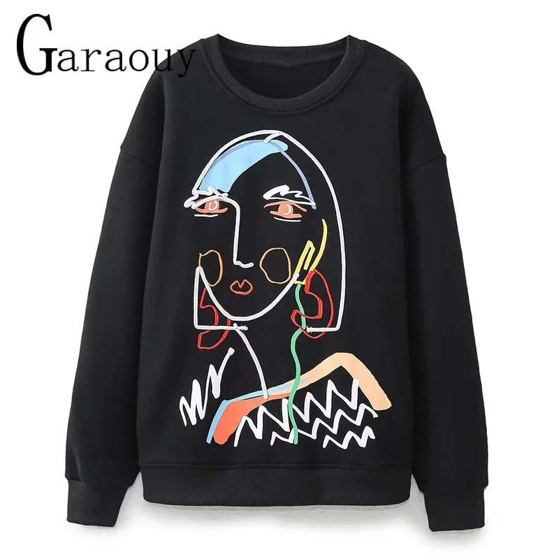 Garaouy 2024 Spring Women Chic O Neck Long Sleeve Cartoon Girl Line Decoration Print Pullover Female Casual Loose Sweatshirt Top