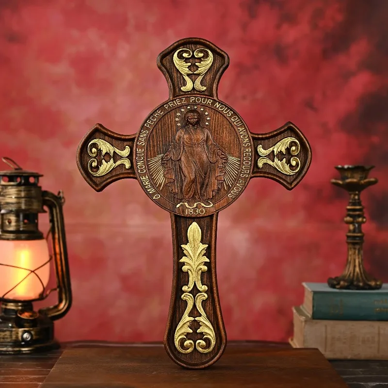 Croix en bois sculptée double face avec médaille miracle, artisanat en bois massif, décoration murale religieuse pour église