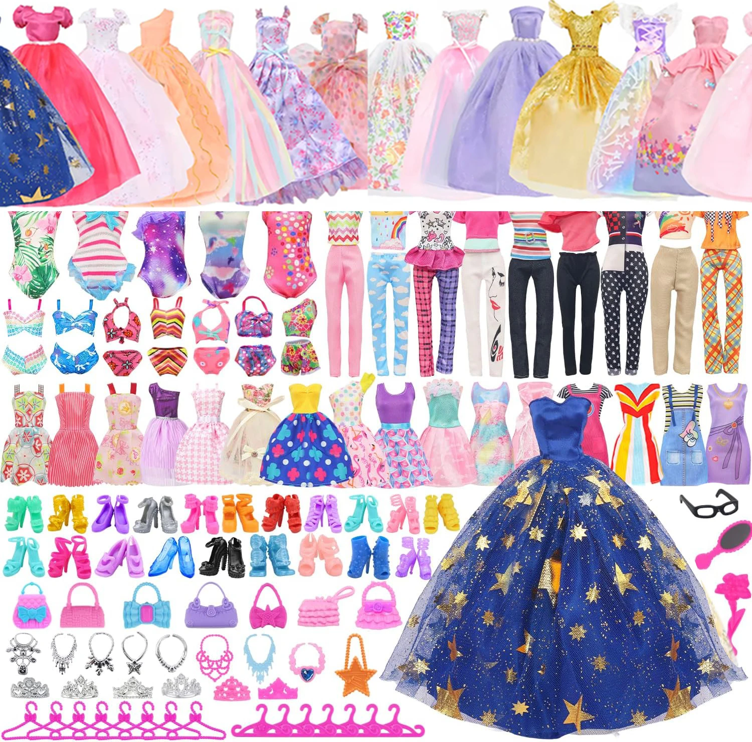 

84 предмета одежды и аксессуаров для кукол = 5 свадебных платьев + 3 модных платья + 3 топа и брюки + 3 купальника + 60 аксессуаров для кукол 11,5 дюймов